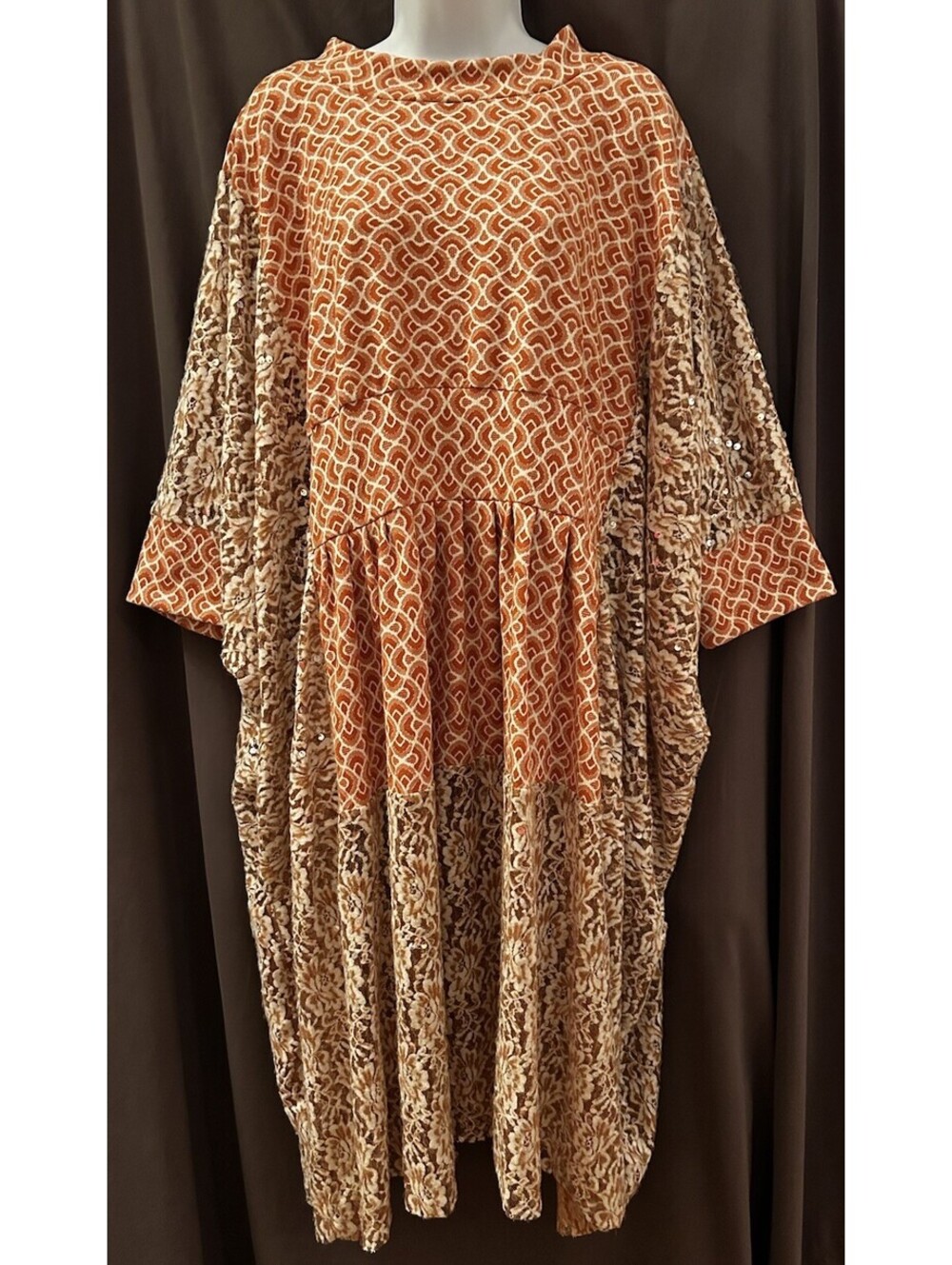 Tati Christiane Handmade Oversized Orange Retro 70s Dolman Sequin Lace Dress M